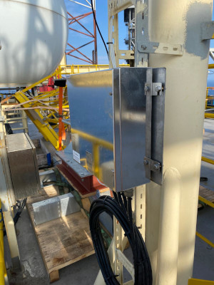 Satellite TVRO antenna aboard drilling jackup rig